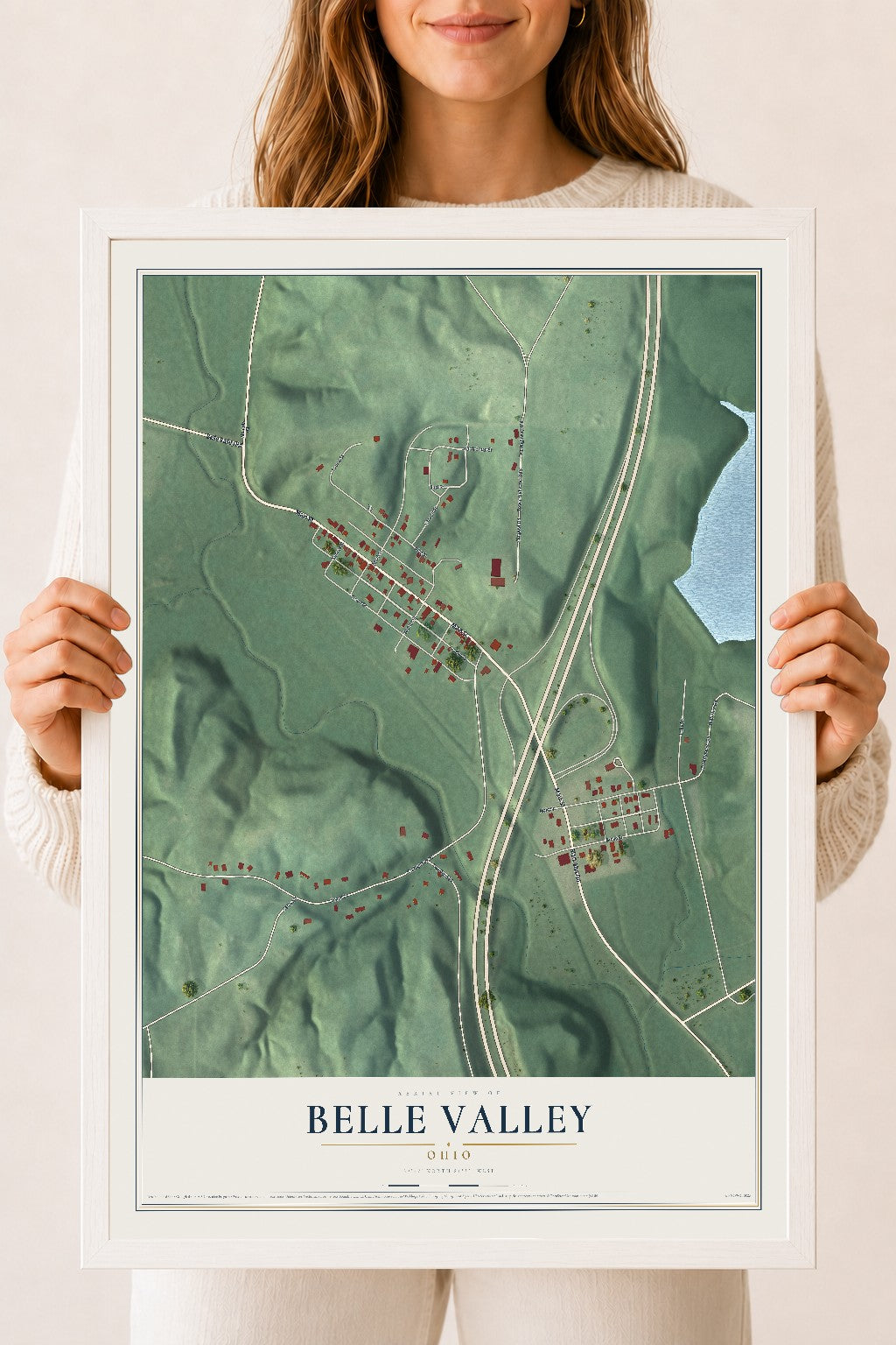 Map of Belle Valley, Ohio, 18 x 24 inch print in a white wood frame