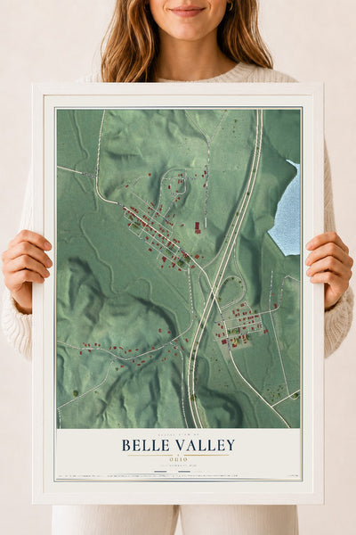 Map of Belle Valley, Ohio, 18 x 24 inch print in a white wood frame