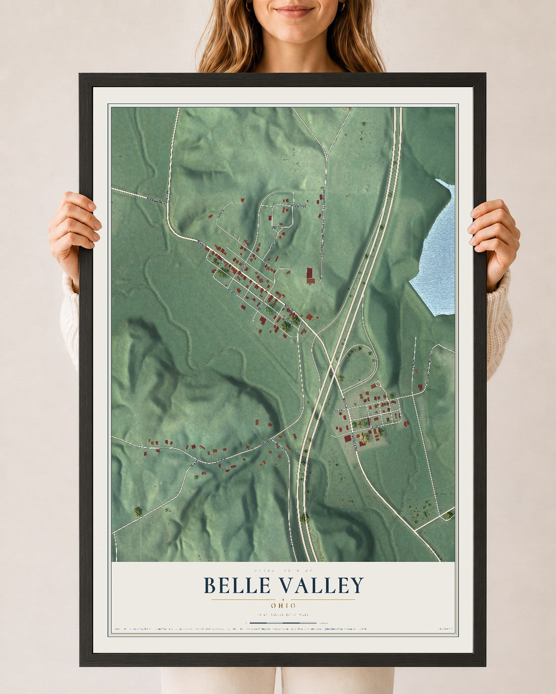 Map of Belle Valley, Ohio, 24 x 36 inch print in a black wood frame