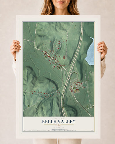 Map of Belle Valley, Ohio, 24 x 36 inch print in a white wood frame