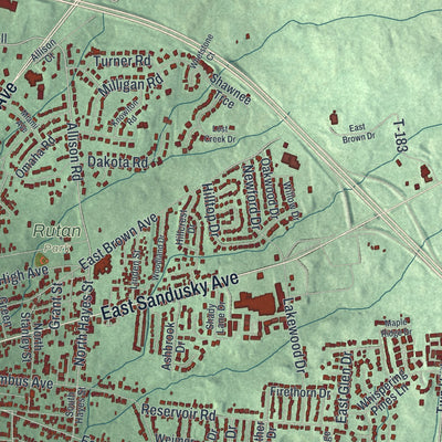 Close-up of the map of Bellefontaine, Ohio print showing street and building detail