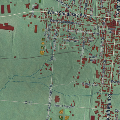 Second close-up of the map of Bellefontaine, Ohio print showing more streets and buildings