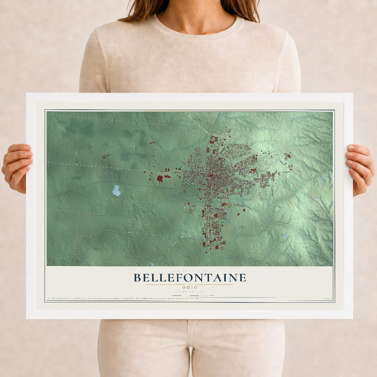 Map of Bellefontaine, Ohio, 12 x 18 inch print in a white wood frame