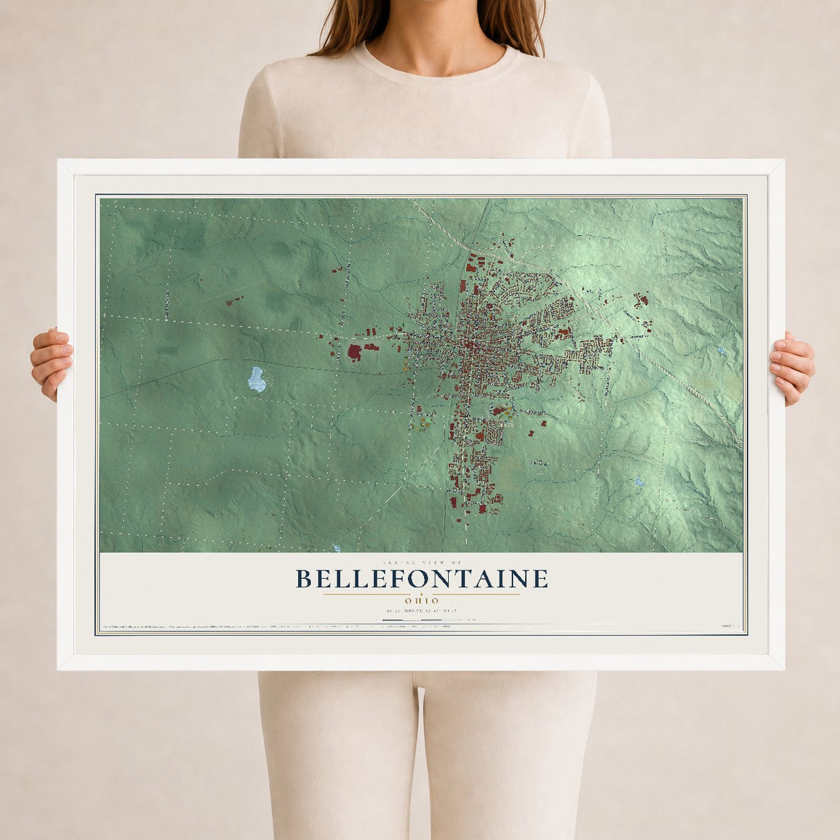 Map of Bellefontaine, Ohio, 24 x 36 inch print in a white wood frame