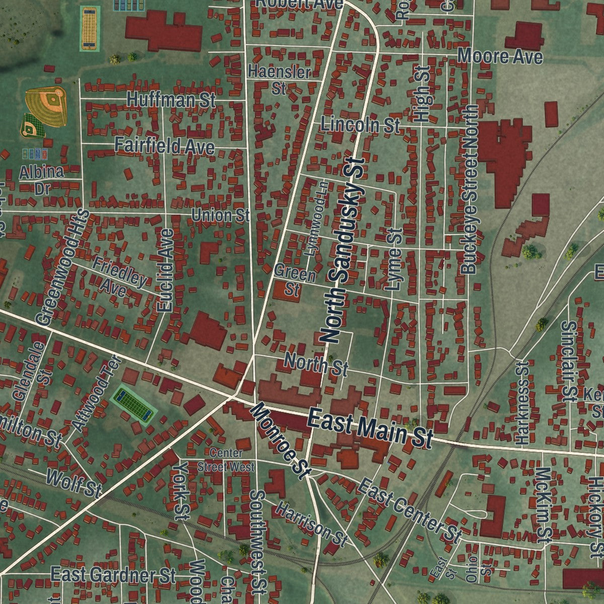 Close-up of the map of Bellevue, Ohio print showing street and building detail
