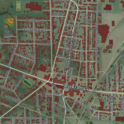 Close-up of the map of Bellevue, Ohio print showing street and building detail