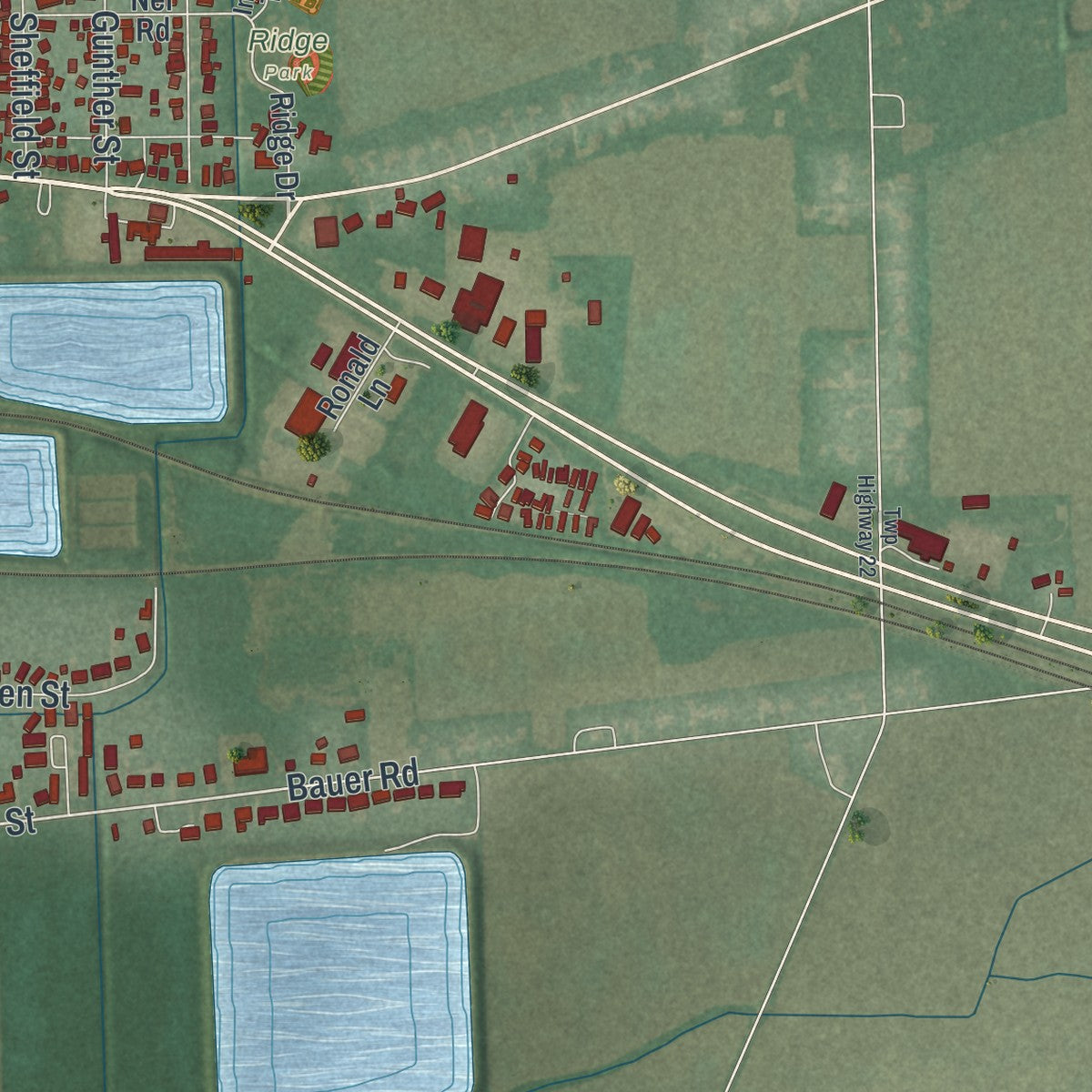 Second close-up of the map of Bellevue, Ohio print showing more streets and buildings