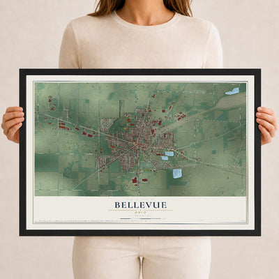 Map of Bellevue, Ohio, 12 x 18 inch print in a black wood frame