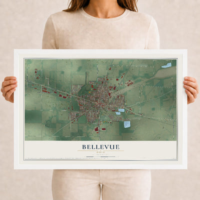 Map of Bellevue, Ohio, 12 x 18 inch print in a white wood frame
