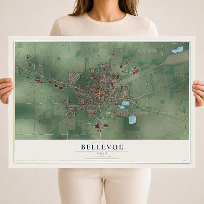 Map of Bellevue, Ohio, 18 x 24 inch unframed archival matte print