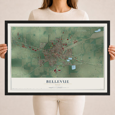 Map of Bellevue, Ohio, 18 x 24 inch print in a black wood frame