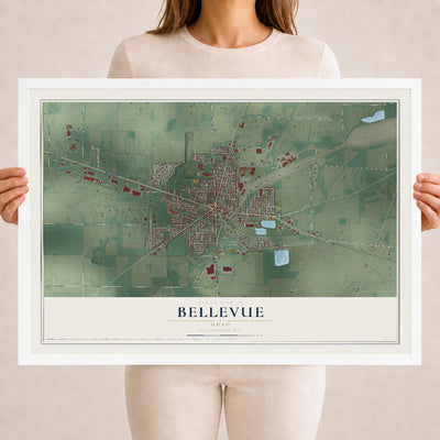 Map of Bellevue, Ohio, 18 x 24 inch print in a white wood frame