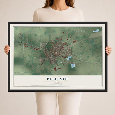 Map of Bellevue, Ohio, 24 x 36 inch print in a black wood frame