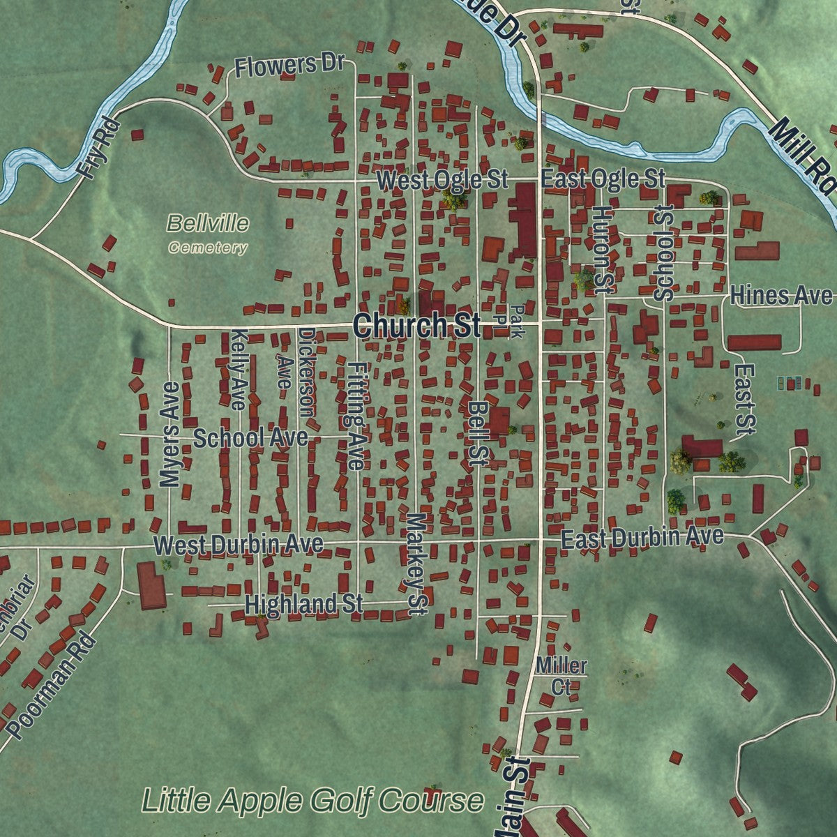 Close-up of the map of Bellville, Ohio print showing street and building detail
