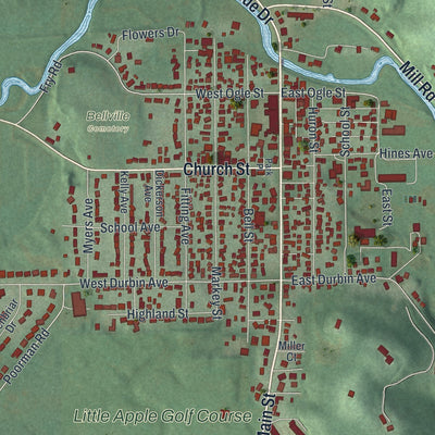 Close-up of the map of Bellville, Ohio print showing street and building detail