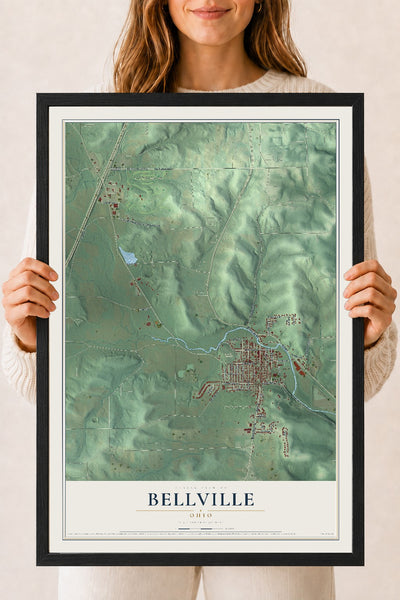 Map of Bellville, Ohio, 18 x 24 inch print in a black wood frame