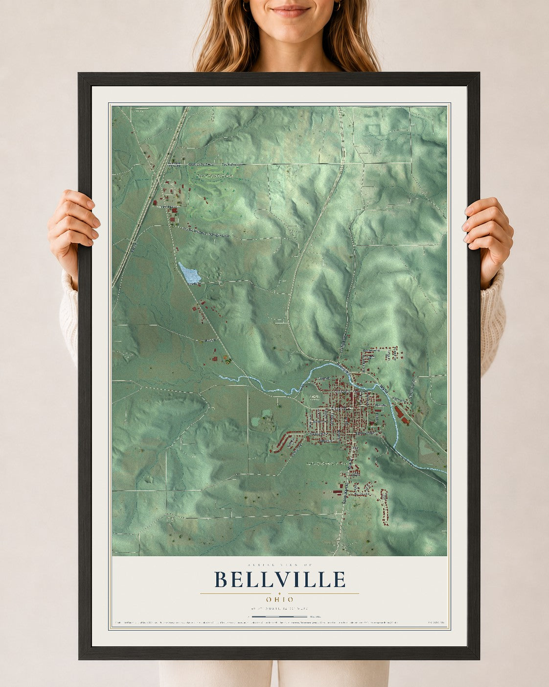 Map of Bellville, Ohio, 24 x 36 inch print in a black wood frame