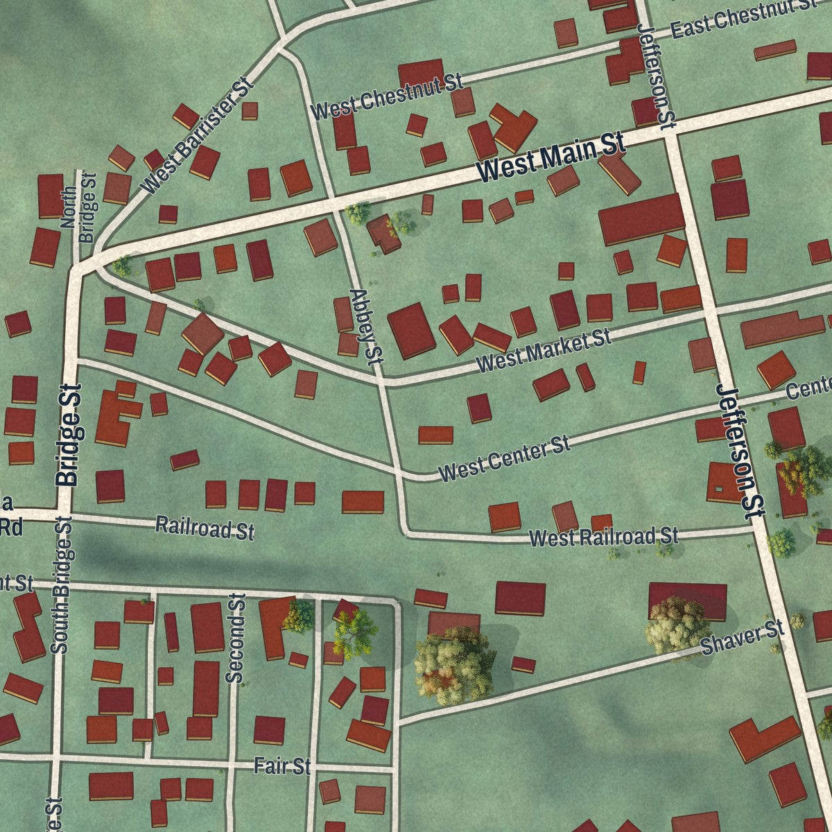 Close-up of the map of Belmont, Ohio print showing street and building detail