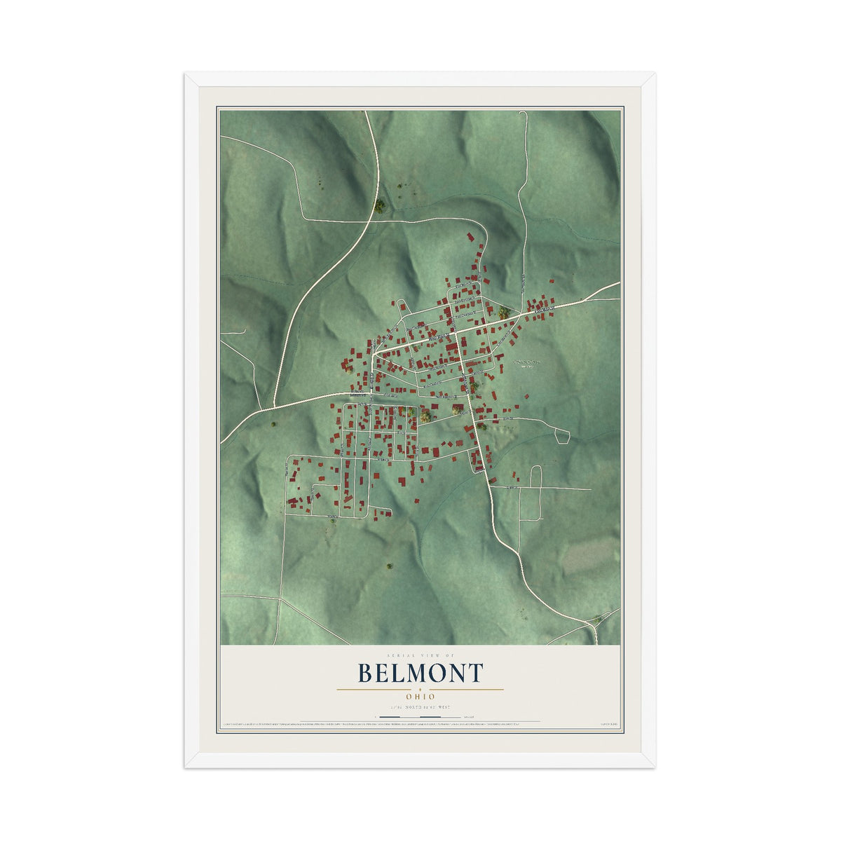 Map of Belmont, Ohio, 12 x 18 inch print in a white wood frame
