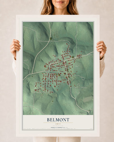 Map of Belmont, Ohio, 24 x 36 inch print in a white wood frame