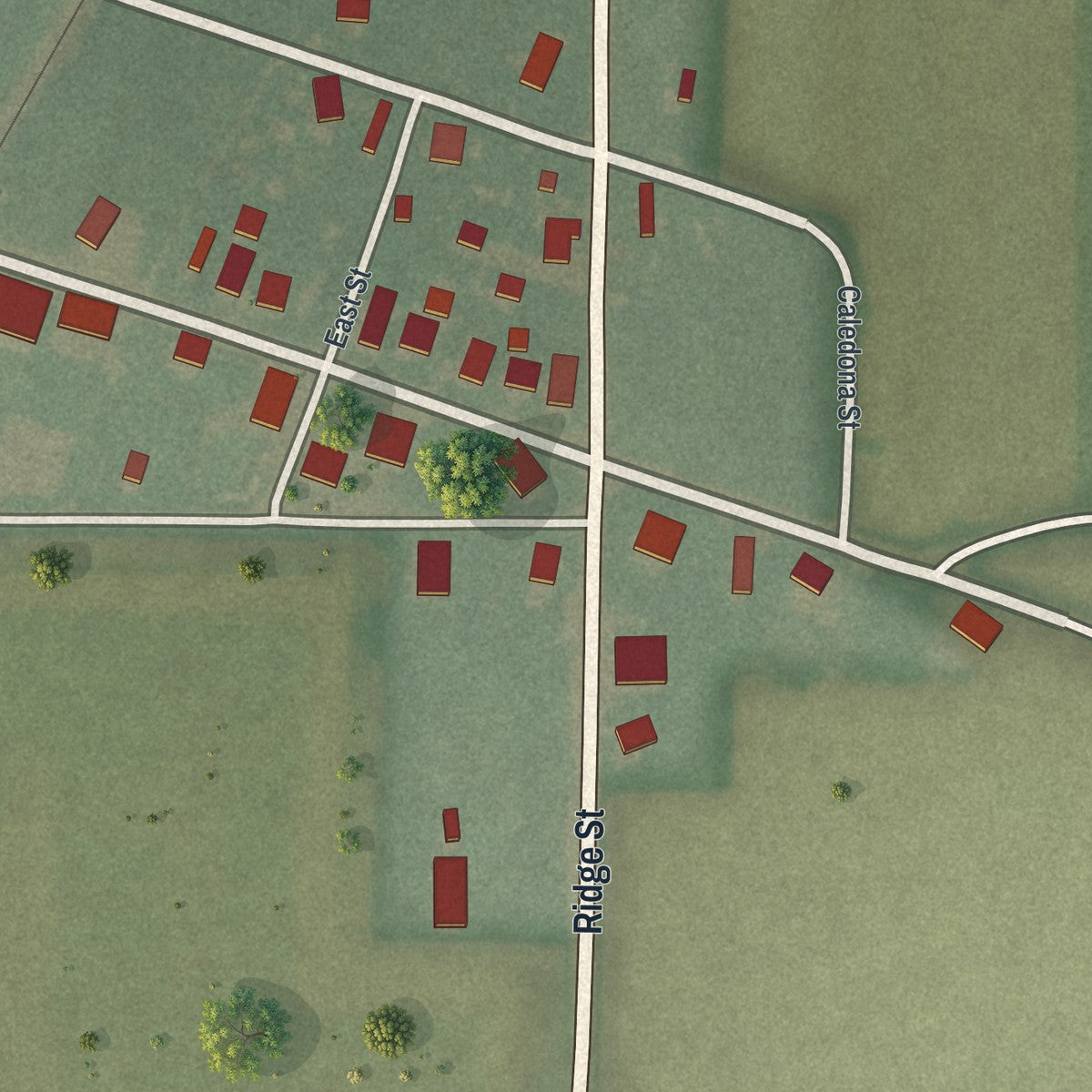 Close-up of the map of Belmore, Ohio print showing street and building detail