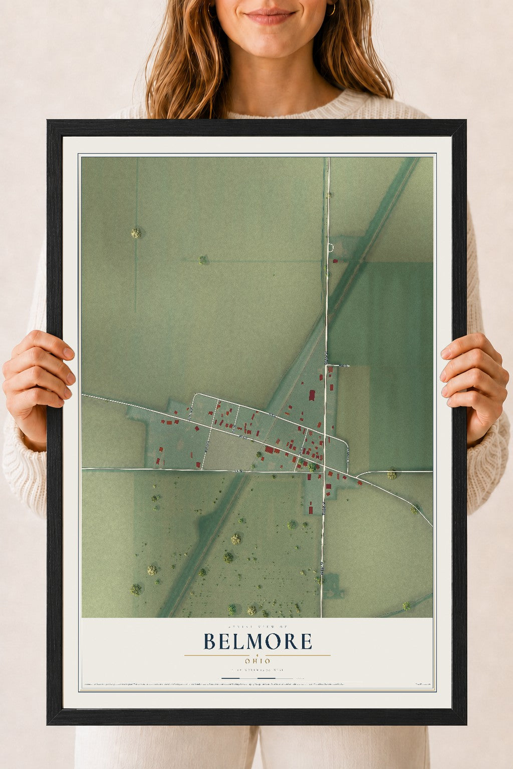 Map of Belmore, Ohio, 18 x 24 inch print in a black wood frame