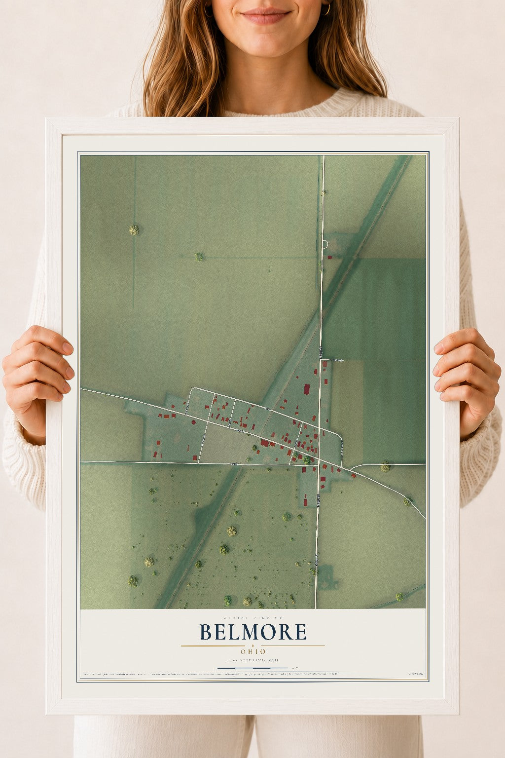 Map of Belmore, Ohio, 18 x 24 inch print in a white wood frame