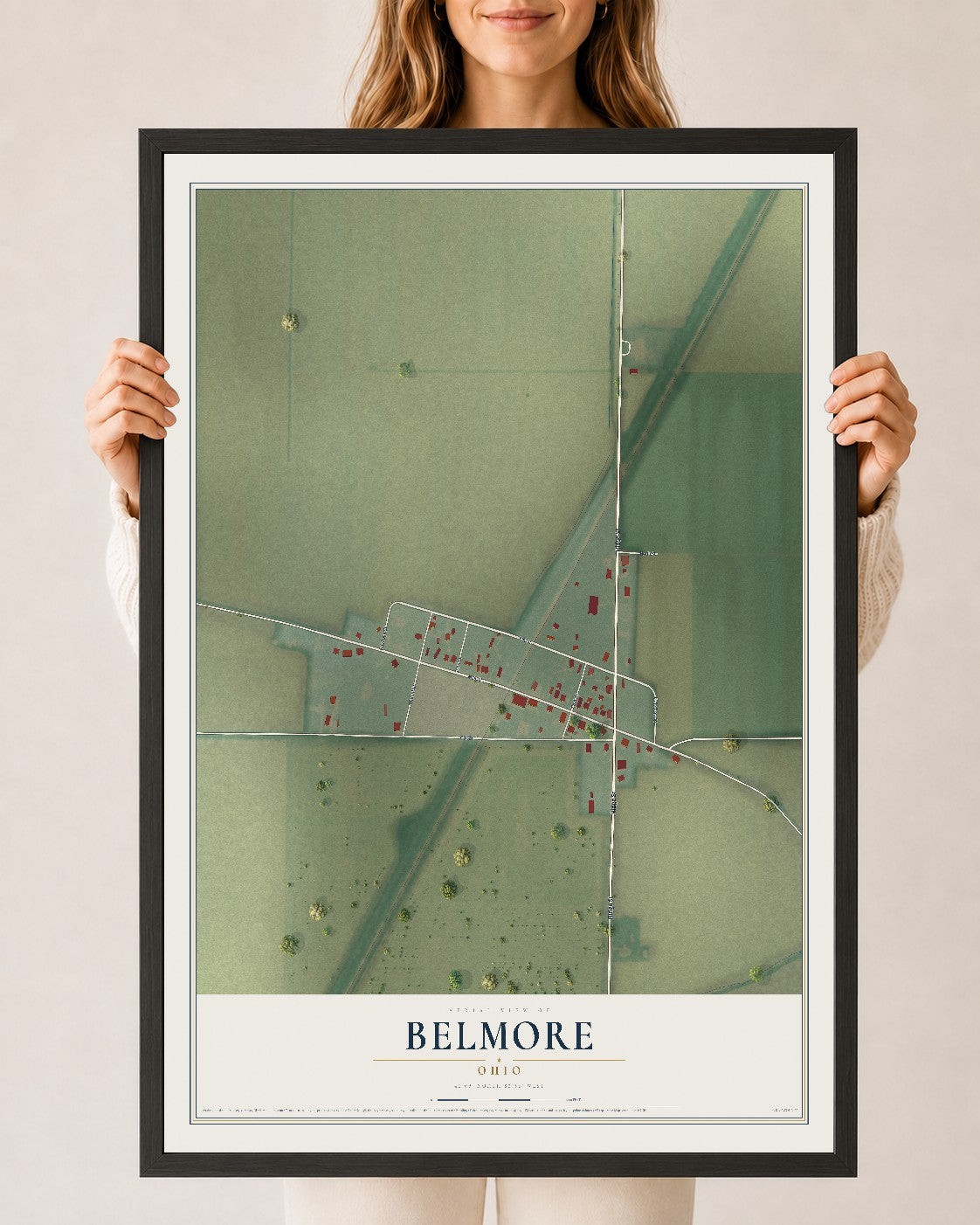 Map of Belmore, Ohio, 24 x 36 inch print in a black wood frame