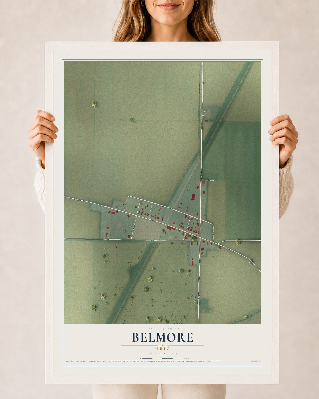 Map of Belmore, Ohio, 24 x 36 inch print in a white wood frame
