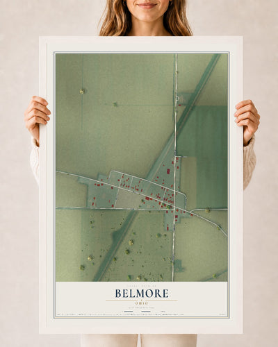 Map of Belmore, Ohio, 24 x 36 inch print in a white wood frame