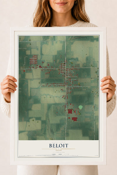 Map of Beloit, Ohio, 18 x 24 inch print in a white wood frame