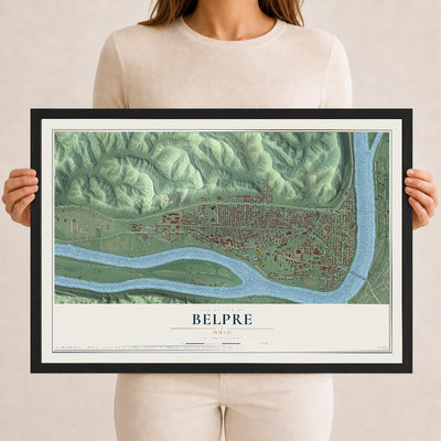 Map of Belpre, Ohio, 12 x 18 inch print in a black wood frame