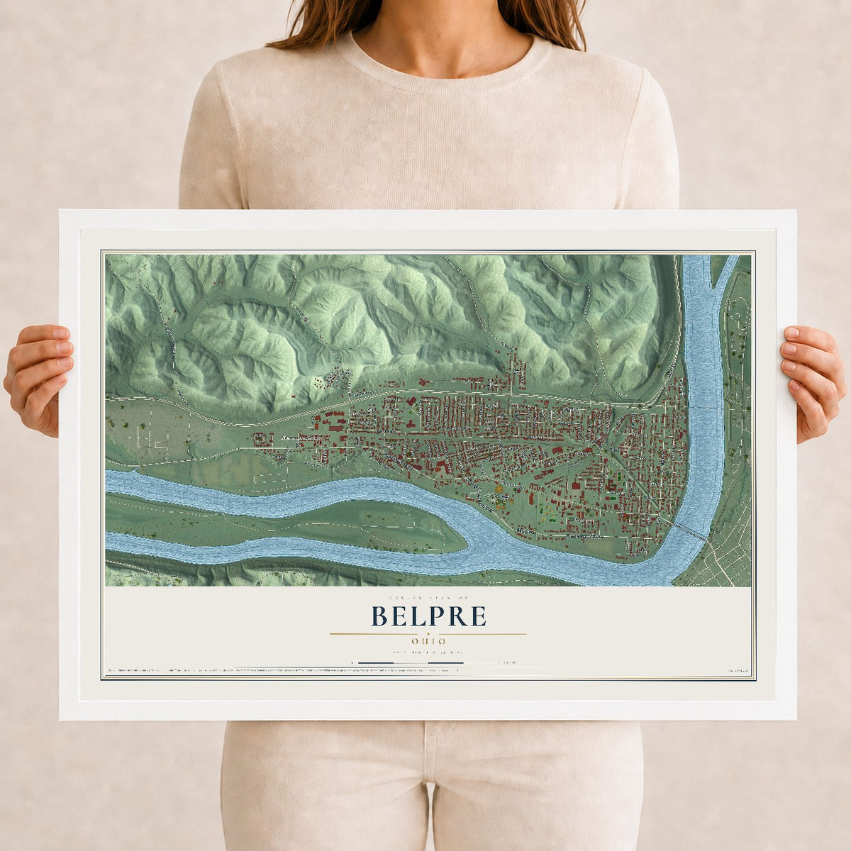Map of Belpre, Ohio, 12 x 18 inch print in a white wood frame