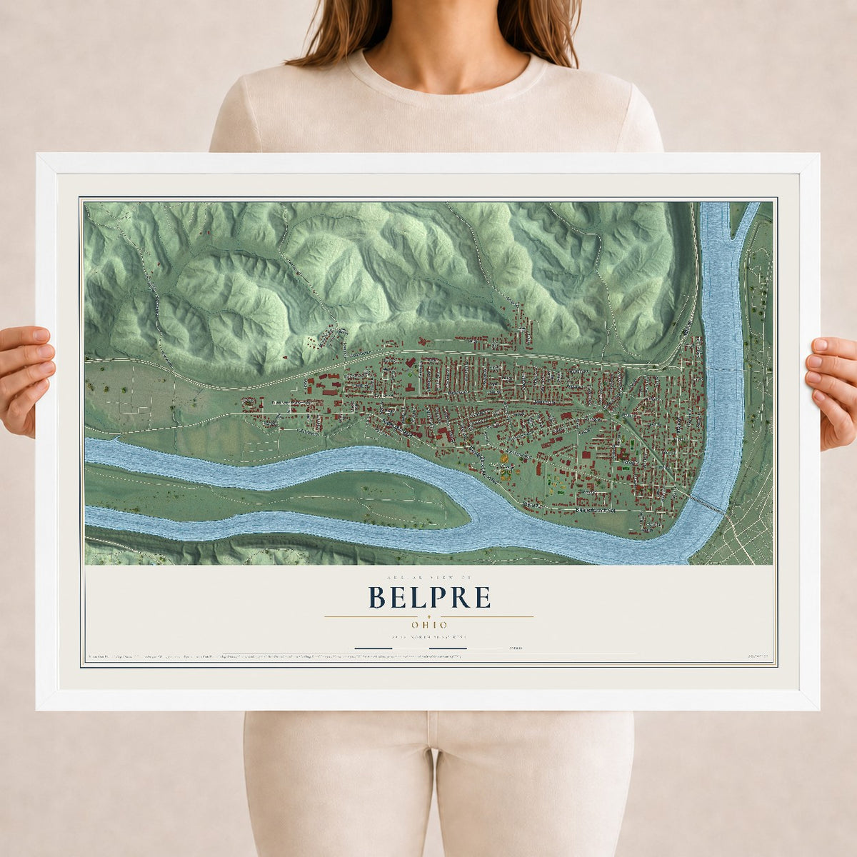 Map of Belpre, Ohio, 18 x 24 inch print in a white wood frame