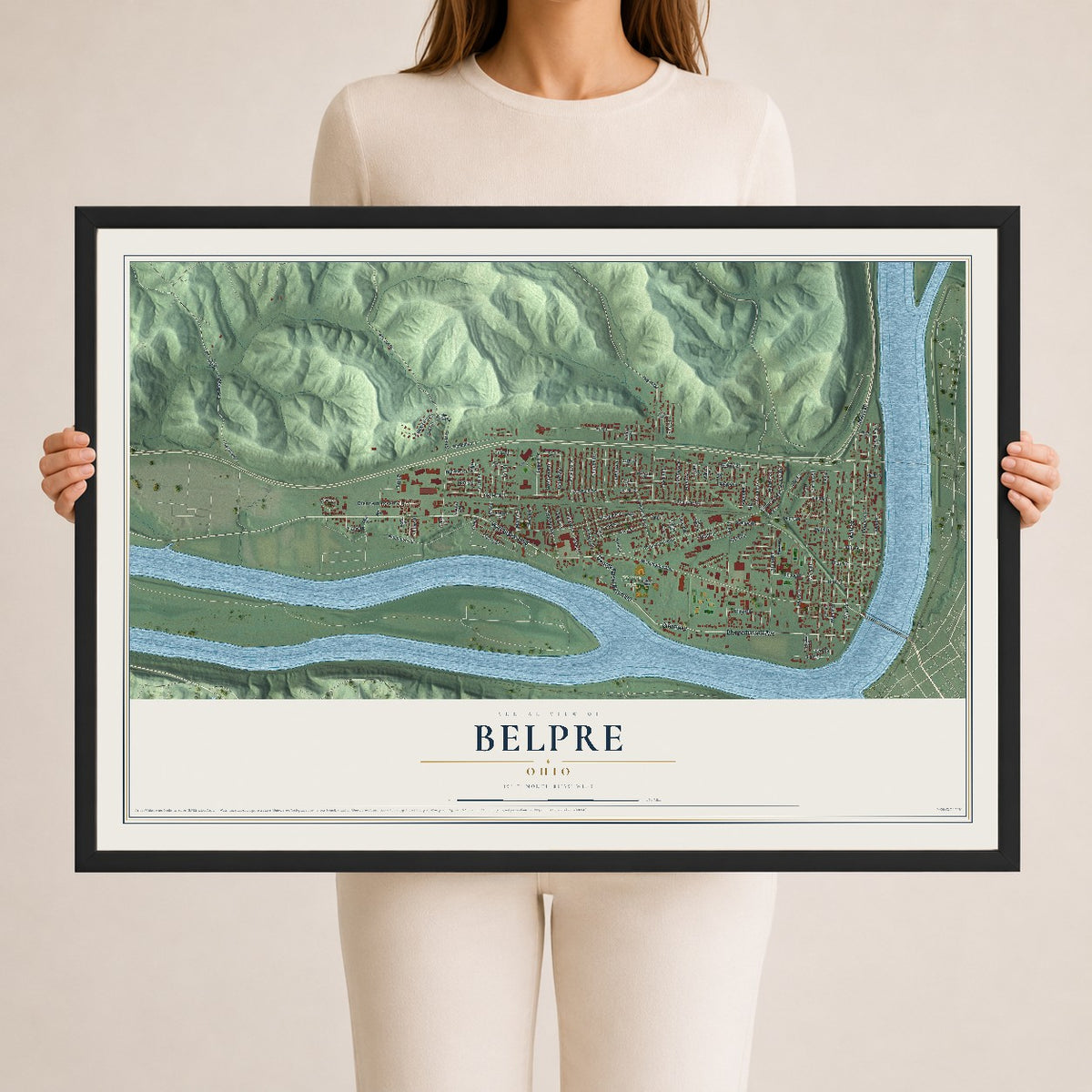 Map of Belpre, Ohio, 24 x 36 inch print in a black wood frame