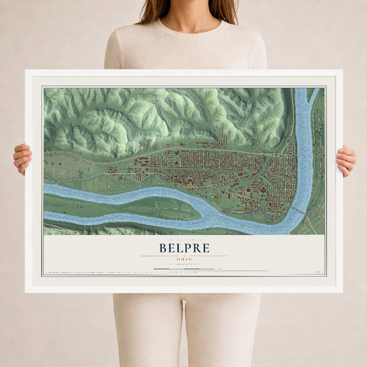 Map of Belpre, Ohio, 24 x 36 inch print in a white wood frame