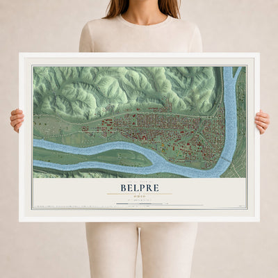 Map of Belpre, Ohio, 24 x 36 inch print in a white wood frame