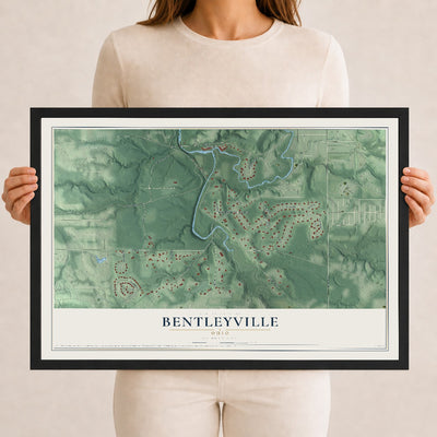 Map of Bentleyville, Ohio, 12 x 18 inch print in a black wood frame