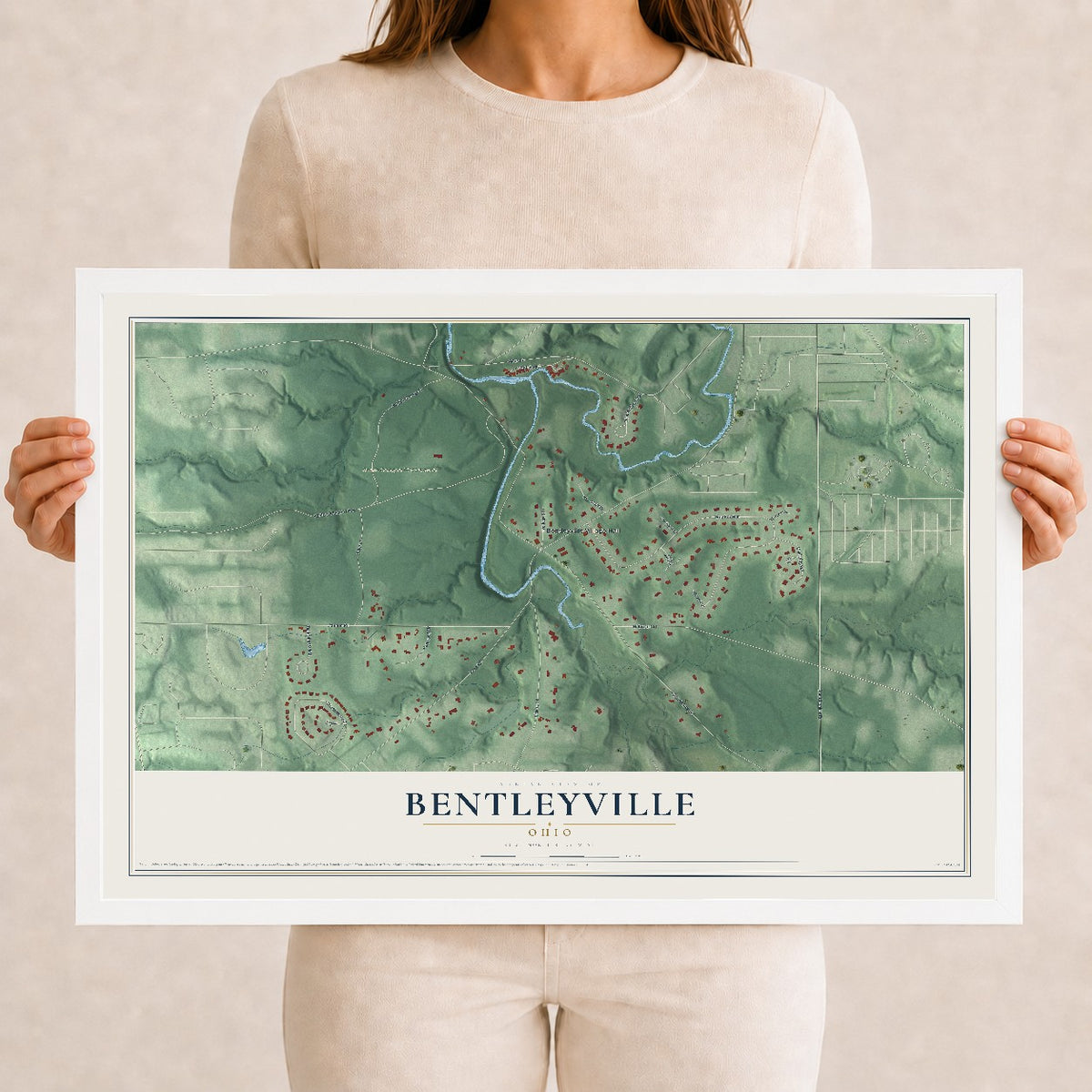 Map of Bentleyville, Ohio, 12 x 18 inch print in a white wood frame