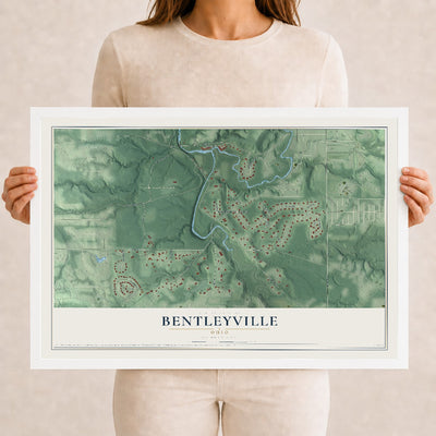 Map of Bentleyville, Ohio, 12 x 18 inch print in a white wood frame