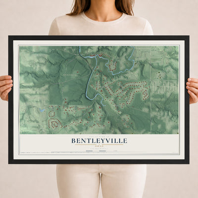 Map of Bentleyville, Ohio, 18 x 24 inch print in a black wood frame