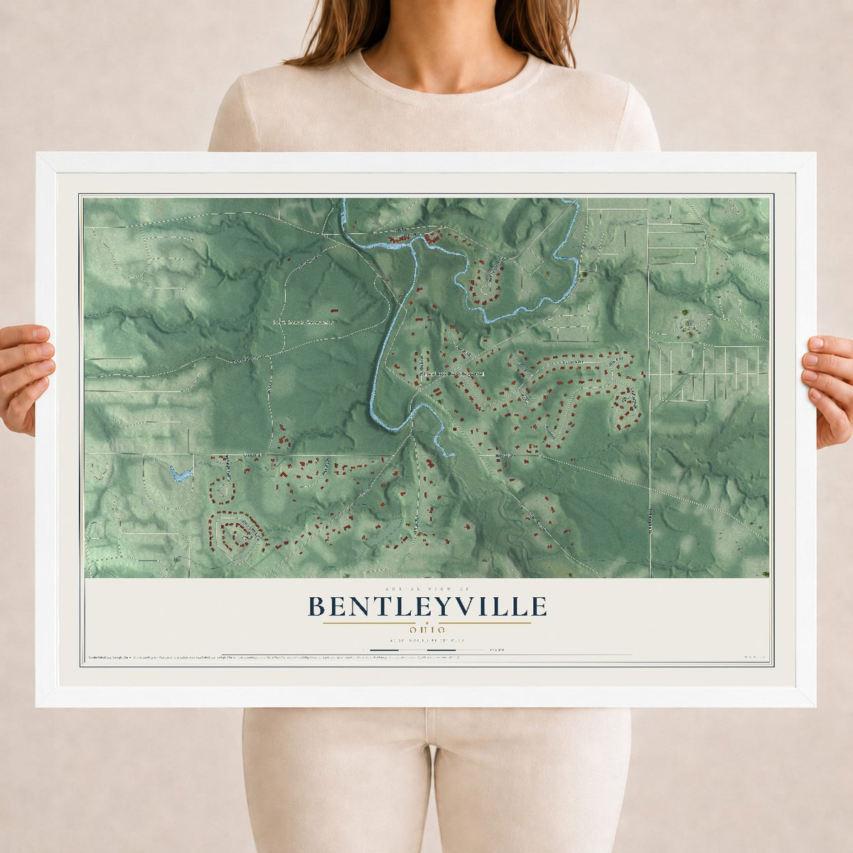 Map of Bentleyville, Ohio, 18 x 24 inch print in a white wood frame