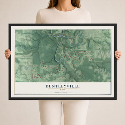Map of Bentleyville, Ohio, 24 x 36 inch print in a black wood frame