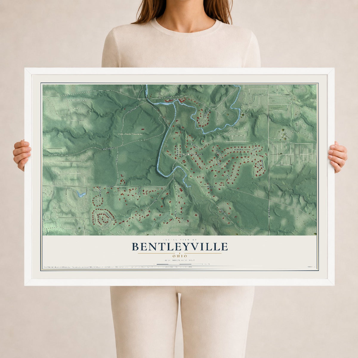 Map of Bentleyville, Ohio, 24 x 36 inch print in a white wood frame