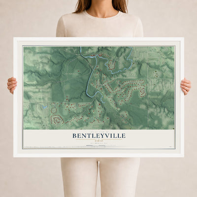 Map of Bentleyville, Ohio, 24 x 36 inch print in a white wood frame