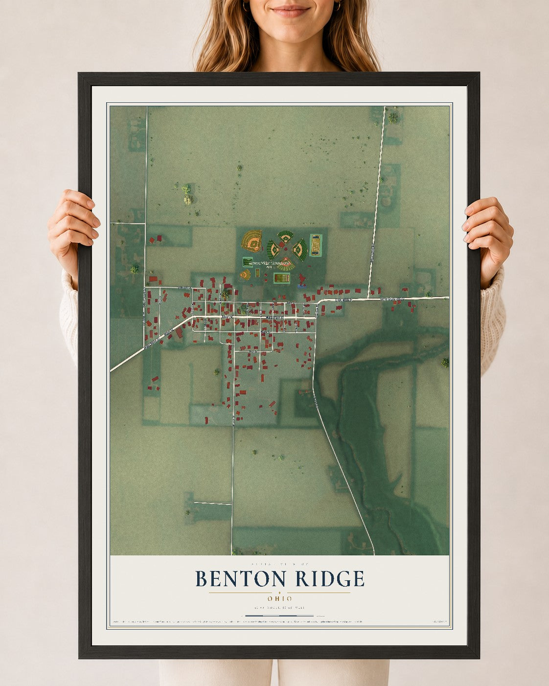 Map of Benton Ridge, Ohio, 24 x 36 inch print in a black wood frame
