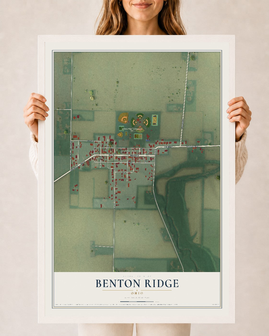 Map of Benton Ridge, Ohio, 24 x 36 inch print in a white wood frame