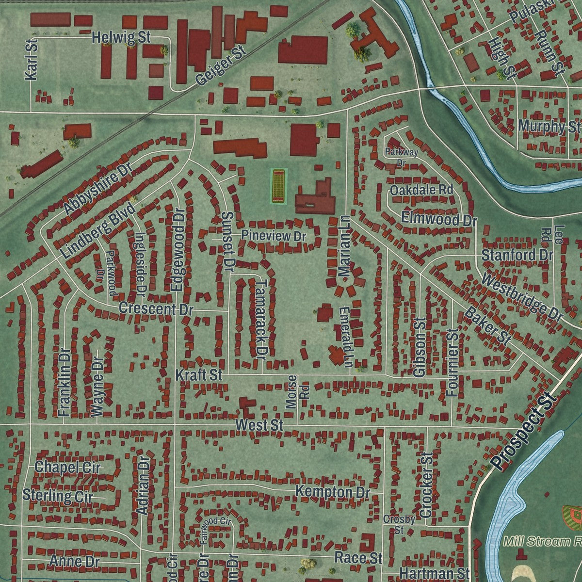 Close-up of the map of Berea, Ohio print showing street and building detail