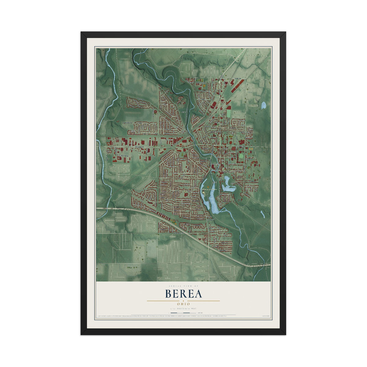 Map of Berea, Ohio, 12 x 18 inch print in a black wood frame