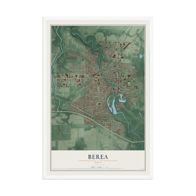 Map of Berea, Ohio, 12 x 18 inch print in a white wood frame